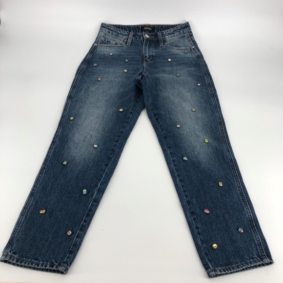 Buffalo David Bitton Womens Girlfriend Jeans Sz 27 High Rise Relaxed Rhinestones - Picture 1 of 15